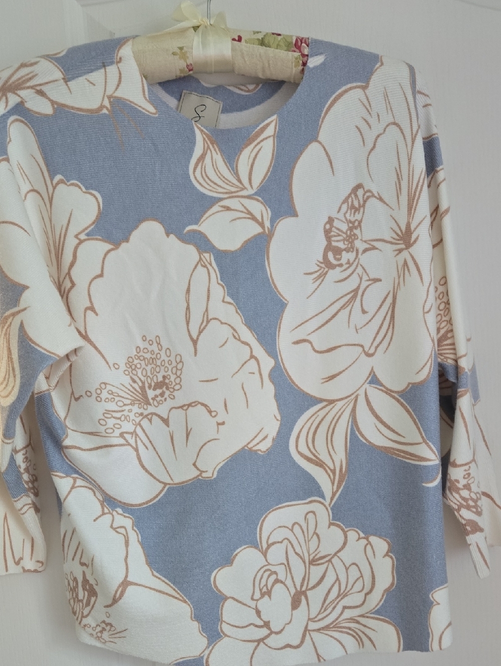 Sioni Light Blue Floral Knit Top with Cream and Tan Accents